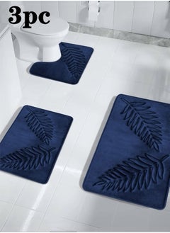 اشتري 3-Pieces European Simple Style Toilet Floor Mat Suit Coral Velvet Bathroom Carpet Set Dark Blue في الامارات