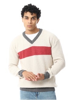 Buy Slip On V-Neck Knitted Pullover - Beige, Grey & Watermelon_Multicolour in Egypt