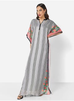 Buy SATIN SILK STRIPE PRINT WITH FLORAL BORDER FARASHA KAFTAN JALABIYA WITH HIGH NECK COLLAR in Saudi Arabia