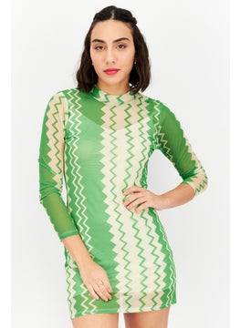 اشتري Women Textured Mini Dress, Green/Beige في الامارات