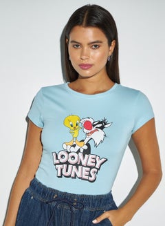 Buy Looney Tunes Print Round Neck T-shirt with Cap Sleeves in Saudi Arabia