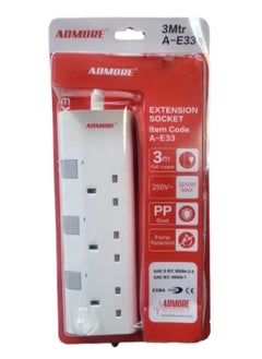 Buy Extension Socket - 3 Meter Power Cord, 3 Outlets, Flame Retardant PP Shell, 250V Full Copper, 3250W Max in UAE