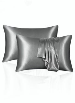 Buy 2-Piece Simple Solid Colour Silk Satin Pillow Case with Envelope Closure for Hair and Skin Light Grey in UAE