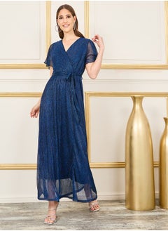 Buy Shiny Plisse A-Line Maxi Dress with Self Tie Up in Saudi Arabia