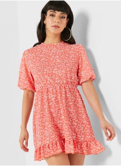 Buy Puff Sleeve Floral Print Ruffle Detail Dress in UAE