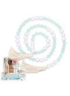 اشتري Wood Beads Garland with Tassels, 1 Pcs White Wooden Beads with Round Frosted Aqua Acrylic Beads, Boho Farmhouse Country Rustic Wall Hanging Tiered Tray Coffee Summer Table Beach Decorr في الامارات