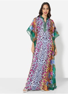 Buy ANIMAL PRINT SATIN SILK FLOWY PRINTED FARASHA KAFTAN JALABIYA WITH HIGH NECK COLLAR in Saudi Arabia