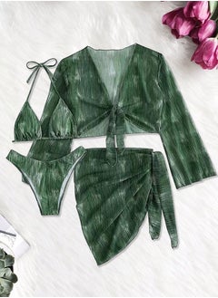 Buy Women's 4-piece swimsuits Breathable Stylish Halter Neck Bra Polyester Wrap Skirt V Neck Swimsuit Long Sleeves Green in UAE