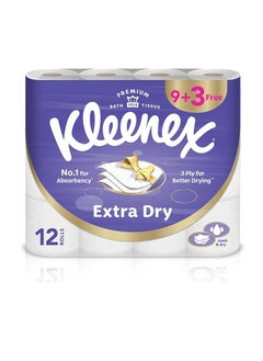 اشتري Kleenex Extra Dry Toilet Tissue Paper, 3 PLY, 12 Rolls x 160 Sheets, Embossed Bathroom Tissue with Superior Absorbency في السعودية