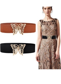 Buy Women's Wide Elastic Belt, Vintage Stretchy Waist Belt with Shape Buckle, Ladies Retro Dress Belt, Fashion Elastic Waistband, Cinch Belt for Dresses, Stretch Thick Waist Belt, Camel and Black, 2 Pcs in UAE