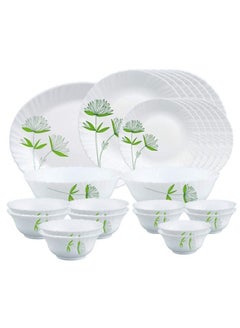 Buy 27 Pieces Opalware Dinner Sets- Microwave & Dishwasher Safe- Green Lily Dinnerware set with Full Plate, Side Plate, Soup Bowl, Vegetable Bowl, Serving Bowl & Rice Plate- White in Saudi Arabia