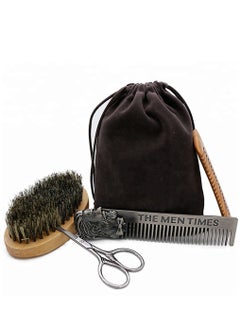 Buy Wooden Beard Comb And Beard Brush Kit with Scissor in UAE