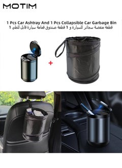 Buy 1 Pcs Car Ashtray Stainless Steel Smokeless Mini Ash Tray Can with Lid LED Blue Light And 1 Pcs Collapsible Car Garbage Bin Mini Car Bin Pop-Up Trash Bin in UAE