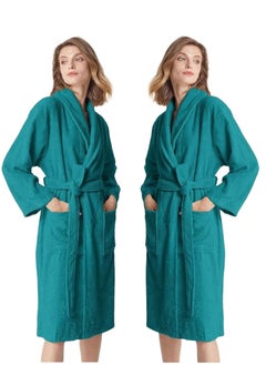 اشتري 2 Pieces Peacock Green Colour Soft Sleepwear Belted  Bathrobe XL Size With Pockets في الامارات