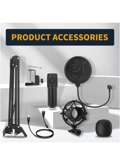 اشتري Condenser Microphone,Professional USB Microphone Plug & Play PC Computer Microphone Condenser Cardioid Mic Kit with Adjustable Boom Arm Stand Shock Mount, for Various Platforms, Black في السعودية