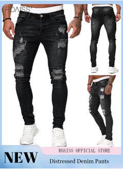 Buy Men's Fashionable Ripped Tight Jeans Casual Versatile Elastic Pencil Pants With Classic Five Pocket Design in Saudi Arabia