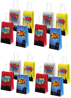 Buy Superhero Party Gift Bags, 16Pcs 4 Color Comic Heros Kraft Paper Goodie Candy Treat Gift with Handle Boom Theme Birthday Decorations Supplies Kids Classroom Family Rewards Prize Bag in Saudi Arabia