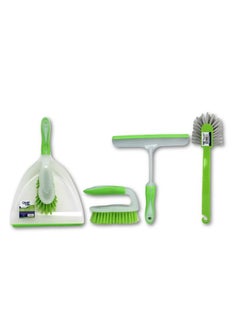 Buy Clean and Care Cleaning Set Dust Pan with Brush Holder Dish Brush Scrubbing Brush with Handle and Hand Wiper Window Squeegee Assorted Color in UAE