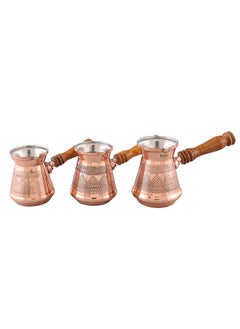 اشتري Majestic Copper Turkish Coffee Pot Set of 3 – Capacities: 430 ml, 520 ml, 590 ml – Handcrafted with Wooden Handle, Perfect for Turkish Coffee, Arabic Coffee, Tea, Milk, and Hot Beverages في الامارات