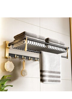 اشتري Foldable Bathroom Towel Shelf, 60CM Space Aluminium Wall Mounted Towel Rack with Towel Bar and 5 Movable Rod Hooks + 2 Fixed Hooks (Adhesive or Drilling Mounting) في السعودية