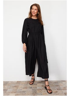 Buy Black Crew Neck Elastic Waist Comfortable Cut Wide Leg Linen Look Jumpsuit TCTSS21TU0206 in Egypt