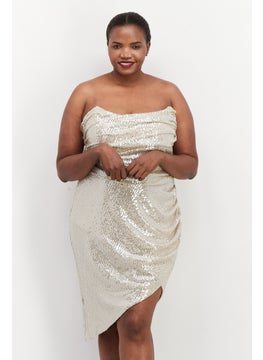 اشتري Women Plus Size Sequin Bandeau Wrap Dress , Silver/Beige في السعودية