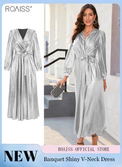 Buy Women's V Neck Dinner Dress Long Sleeve Ankle Length Cocktail Dress Waist Belt Tightening Dress in Saudi Arabia