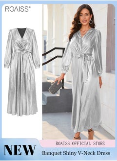 Buy Women's V Neck Dinner Dress Long Sleeve Ankle Length Cocktail Dress Waist Belt Tightening Dress in Saudi Arabia