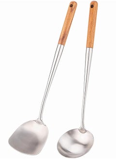 Buy Spoon and Spatula, SYOSI Spatula and Spoon Tool Set for Wok, 2 Pcs Cooking-Serving Tool, 17 Inches Stainless Steel & Wooden Wok Utensils for Kitchen in UAE