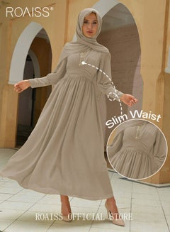 Buy Ladies Dress Solid Color Chiffon Waist Puff Sleeve Long Sleeve Long Sleeve Abaya Dress for Ladies Ramadan Eid al-Adha in Saudi Arabia