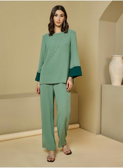 Buy Contrast Cuff Detail Embellished Top & Wide Leg Pants Modest Set in Saudi Arabia