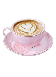 Buy 6-Piece Pink Marble Design Coffee Cups And Saucers Set in UAE