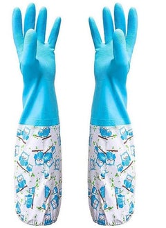 اشتري 1 Pair of Rubber Gloves for Pond Gutter Drain Cleaning - Long Arm One Size – Blue Pattern Antiskid Sleeve Waterproof في الامارات