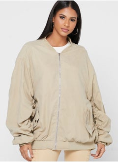 Buy Stone Oversized Ruched Sleeve Bomber Jacket in Saudi Arabia