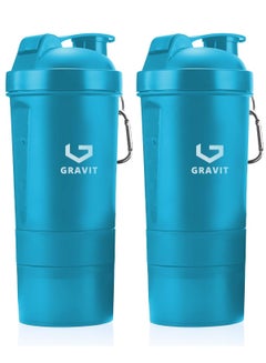 Buy GRAVIT Protein Shaker Bottle Protein Shakes 3 Layer Non-Slip BPA Free Plastic Shaker Cup with Pill Tray & Protein Powder for Home Office Gym Car Sport Shaker Mixer 2 Piece Set Blue in UAE