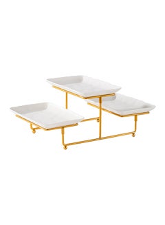 Buy Shallow Porcelain 2-Tier Rectangular Serving Set with Gold Stand Rack - 3 Pieces, 25cm in UAE