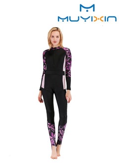 Buy Women Swimwear Long Sleeve Contrast Panel Zip Swimsuit Full Body Swimwear Rash Guard with Sun Protection in Saudi Arabia