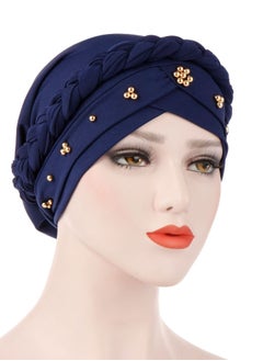 Buy Navy Spring Autumn Turban Cap Women Wrap Beaded Braid Turban Islamic Muslim Fashion Moisture Wicking Hijab for Women Girls in UAE