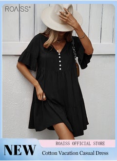 Buy Women's Fashionable Loose Casual Dress Classic V Neck Button Embellished Beach Dress Neckline Lace Up Ruffle Hem A Line Dress in UAE