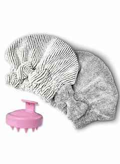 Buy Microfiber Hair Towel Cap,Soft Absorbent Quick Drying Cap for Curly Thick Hair , with Hair Shampoo Brush Scalp Massager for Women Girls-Set of 3 Pcs in UAE