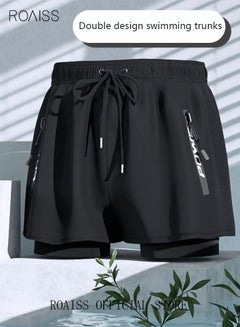 Buy Men's Swimming Trunks Beachwear Quick Dry Gym Wear Beach Pants Fitness Shorts Fitness Workout Short Sports Running Shorts with Inner Compression Solid Black in UAE