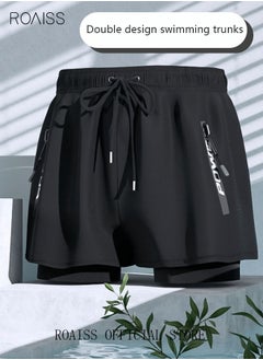 Buy Men's Swimming Trunks Beachwear Quick Dry Gym Wear Beach Pants Fitness Shorts Fitness Workout Short Sports Running Shorts with Inner Compression Solid Black in UAE