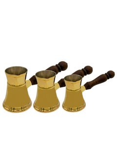 Buy Majestic Brass Turkish Coffee Pot Set of 3 – Golden Color, Classic Smooth Design, Capacities: 160 ml, 200 ml, 280 ml – Handcrafted with Wooden Handle, Perfect for Turkish Coffee, Arabic Coffee, Tea, Milk, and Hot Beverages in UAE