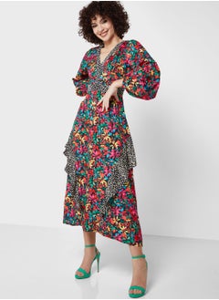 Buy Balloon Sleeve Floral Print Plunge Neck Dress in UAE