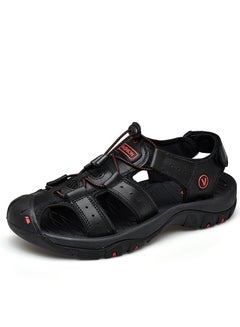Buy Leather Top Layer Leather Velcro Wrapped Sandals Black in Saudi Arabia