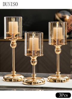 اشتري 3Pcs European Style Metal Glass Candlestick Ornaments,Clear Candlestick Holders,European Style Ornaments For Dining,Wedding,Party,Home في السعودية