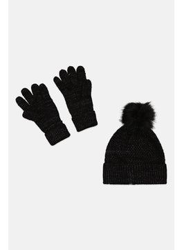 اشتري Women Knitted Glitter Pom Pom Beanie And Gloves Set, Black في الامارات