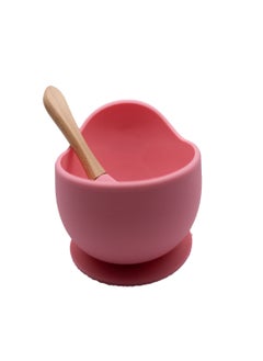 Buy 2 piece baby feeding set with silicone suction bowl and silicone tip spoon with wooden handle in UAE