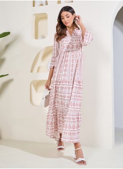 Buy Ikat Damsk Print Mandarin Collar Tiered Maxi Dress in Saudi Arabia