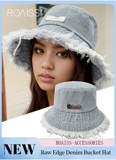 Buy Raw Edge Denim Bucket Hat for Women, Lightweight Breathable Sun Hat with UV Protection for Summer Beach Outdoor, Fashion Accessories in UAE